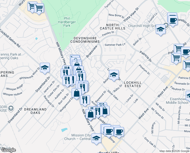 map of restaurants, bars, coffee shops, grocery stores, and more near in San Antonio