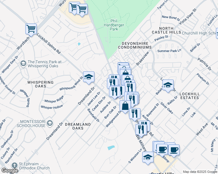 map of restaurants, bars, coffee shops, grocery stores, and more near 2358 Northwest Military Highway in San Antonio