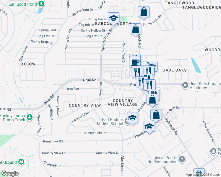 map of restaurants, bars, coffee shops, grocery stores, and more near 6674 Prue Road in San Antonio