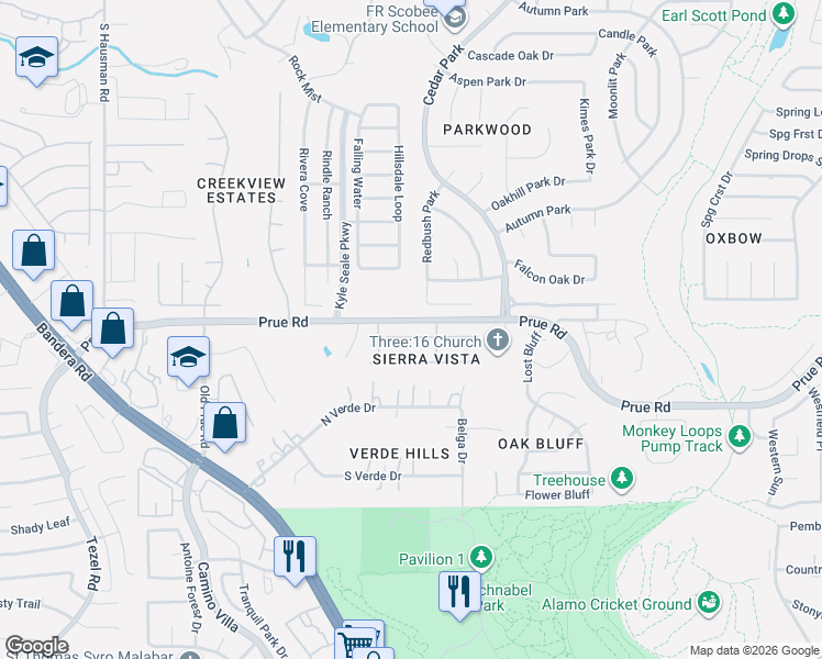 map of restaurants, bars, coffee shops, grocery stores, and more near 7935 Sierra Verde in San Antonio