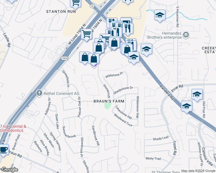 map of restaurants, bars, coffee shops, grocery stores, and more near 9238 Stone Edge Place in San Antonio