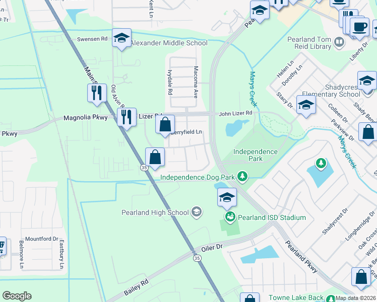 map of restaurants, bars, coffee shops, grocery stores, and more near 3403 Wheatmeadow Lane in Pearland