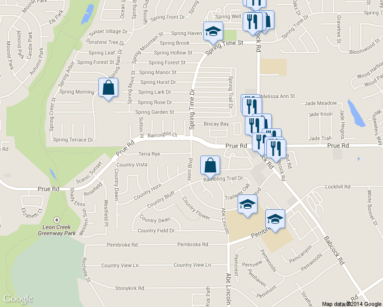map of restaurants, bars, coffee shops, grocery stores, and more near 10755 Horn Rd in San Antonio