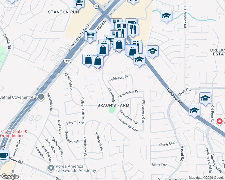map of restaurants, bars, coffee shops, grocery stores, and more near 10511 Stone Creek Place in San Antonio
