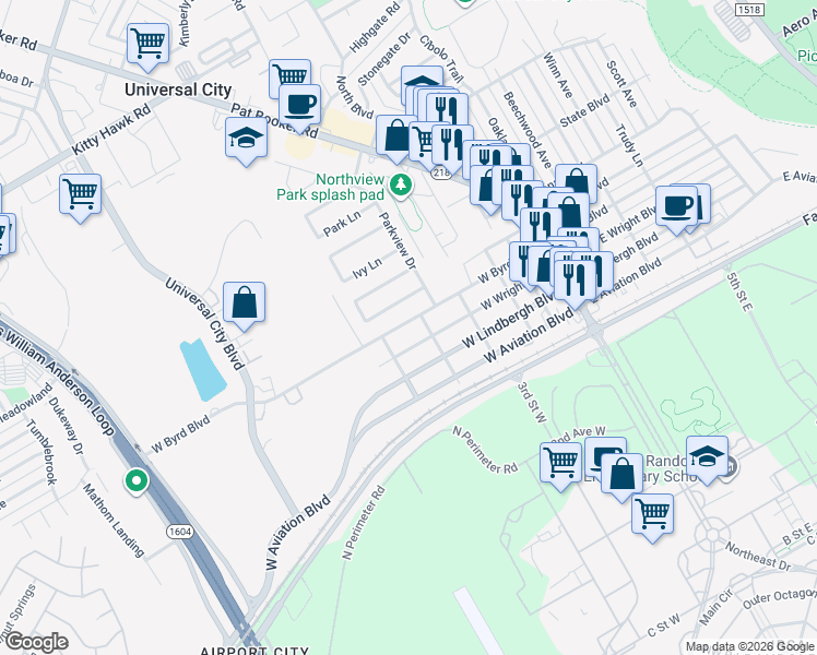 map of restaurants, bars, coffee shops, grocery stores, and more near 508 West Byrd Boulevard in Universal City