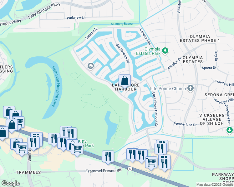 map of restaurants, bars, coffee shops, grocery stores, and more near 2722 Palm Harbour Dr in Missouri City