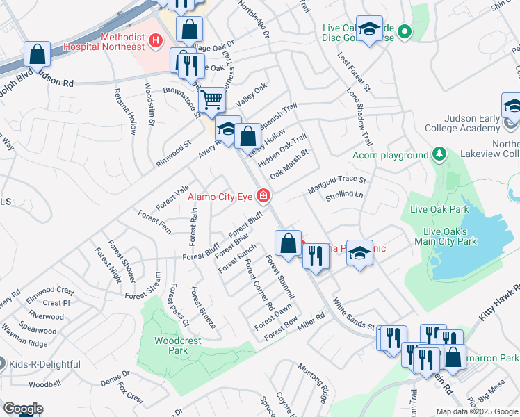map of restaurants, bars, coffee shops, grocery stores, and more near 11601 Toepperwein Road in Live Oak