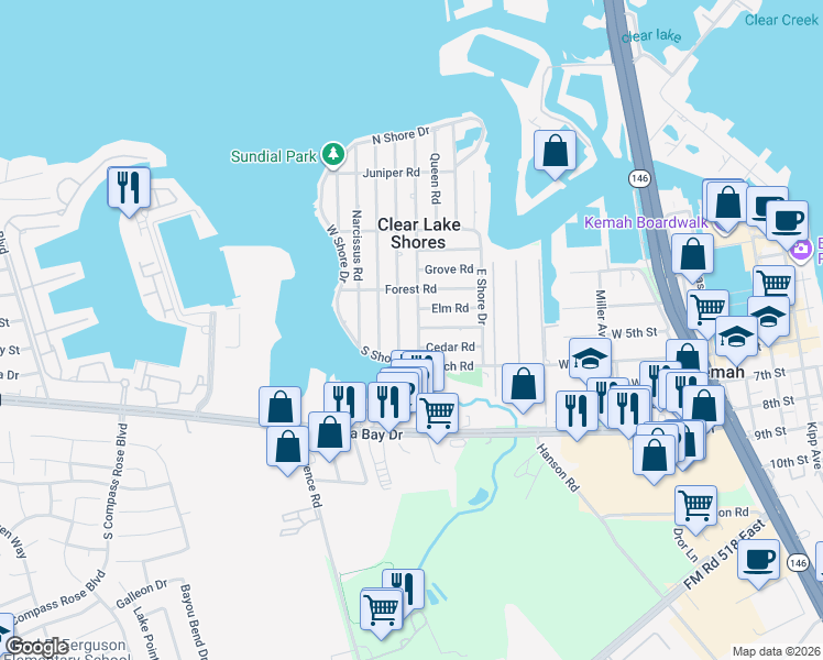 map of restaurants, bars, coffee shops, grocery stores, and more near 702 Clear Lake Road in Kemah