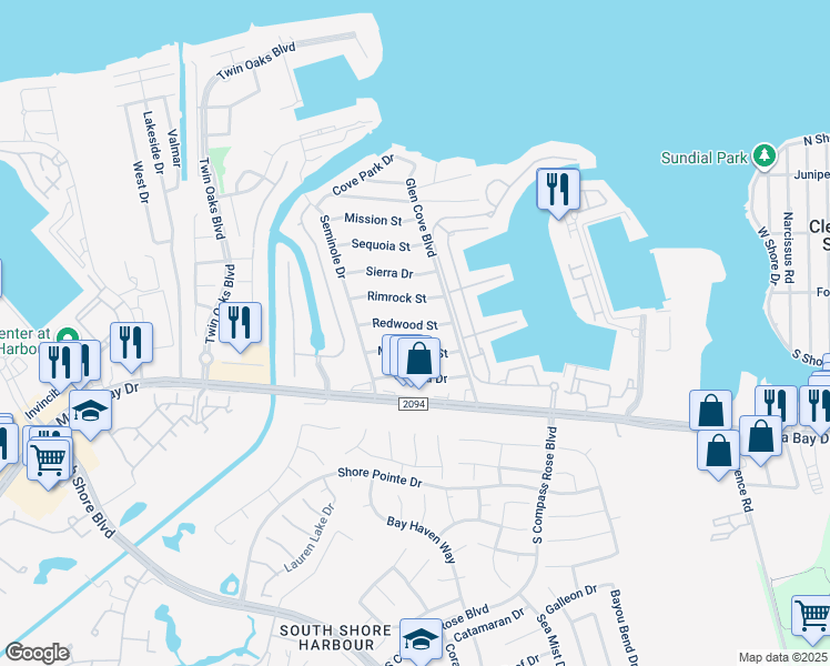 map of restaurants, bars, coffee shops, grocery stores, and more near 2103 Redwood Street in Kemah