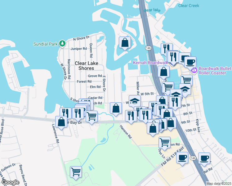 map of restaurants, bars, coffee shops, grocery stores, and more near 14 Harbor Lane in Kemah