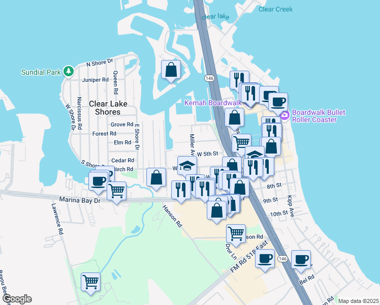 map of restaurants, bars, coffee shops, grocery stores, and more near 207 W 5th St in Kemah