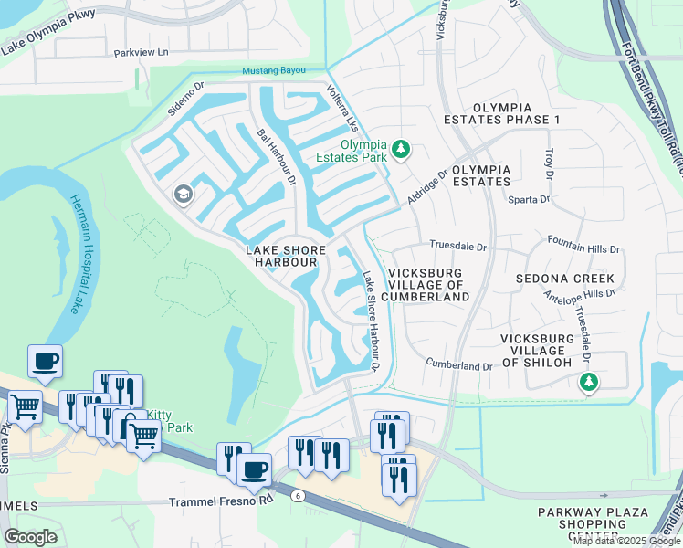 map of restaurants, bars, coffee shops, grocery stores, and more near 3815 Key Largo Court in Missouri City