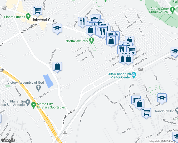 map of restaurants, bars, coffee shops, grocery stores, and more near 521 West Byrd Boulevard in Universal City