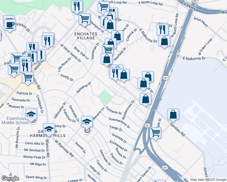 map of restaurants, bars, coffee shops, grocery stores, and more near 230 West Silver Sands Drive in San Antonio