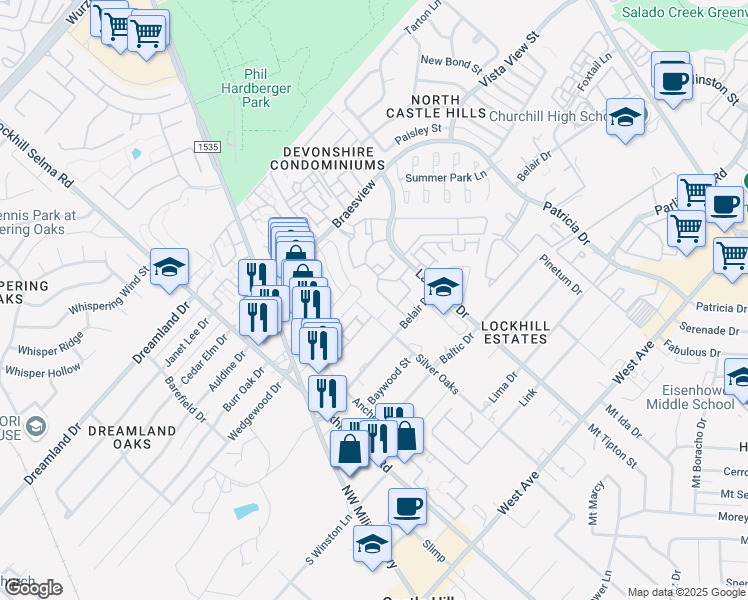 map of restaurants, bars, coffee shops, grocery stores, and more near in San Antonio