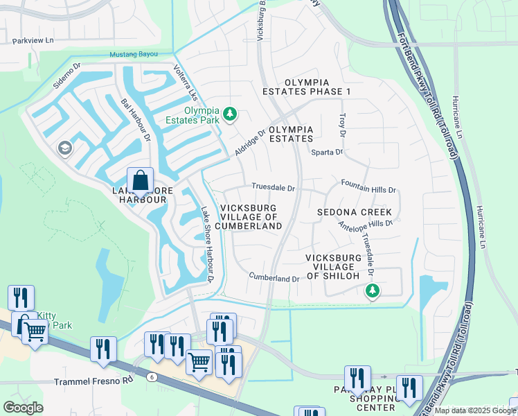 map of restaurants, bars, coffee shops, grocery stores, and more near 2827 Shotwell Court in Missouri City