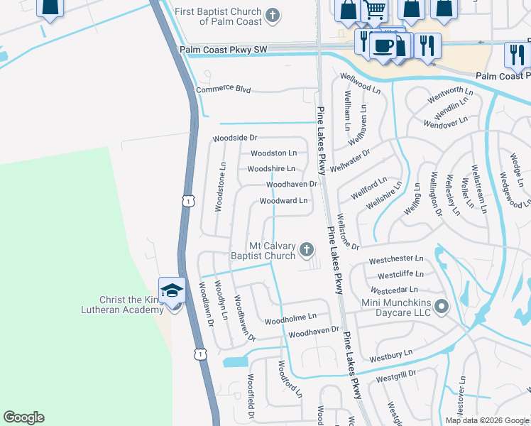 map of restaurants, bars, coffee shops, grocery stores, and more near 37 Woodworth Drive in Palm Coast