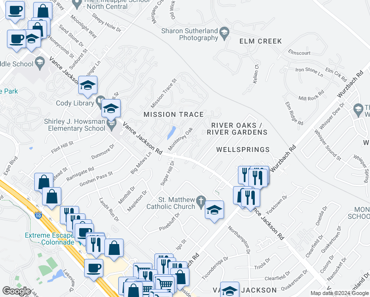 map of restaurants, bars, coffee shops, grocery stores, and more near 1146 Vance Jackson Road in San Antonio