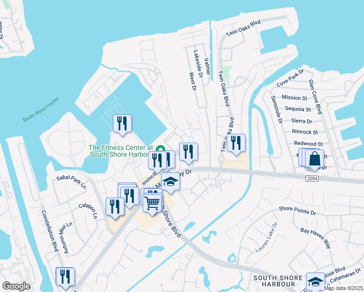 map of restaurants, bars, coffee shops, grocery stores, and more near 601 Enterprise Avenue in League City