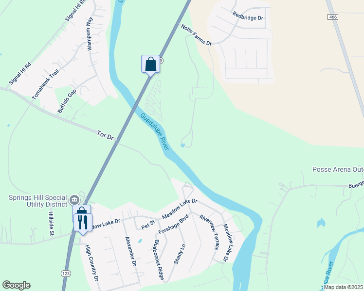 map of restaurants, bars, coffee shops, grocery stores, and more near 126 Meadow Lake Drive in Seguin