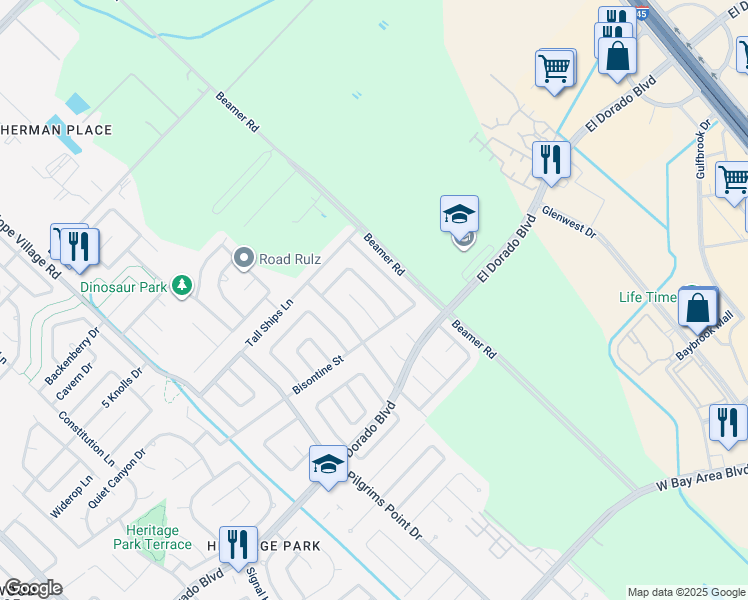 map of restaurants, bars, coffee shops, grocery stores, and more near 16738 Square Rigger Lane in Friendswood