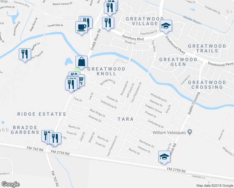 map of restaurants, bars, coffee shops, grocery stores, and more near 6927 Springcrest Court in Sugar Land
