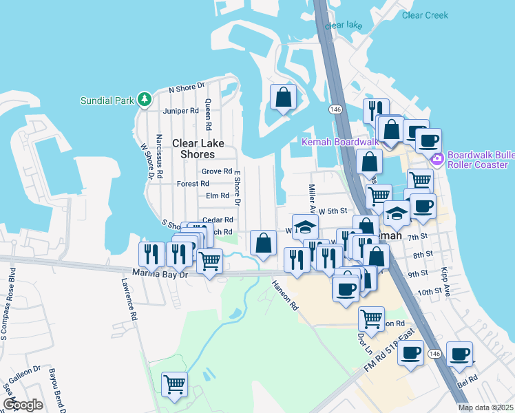 map of restaurants, bars, coffee shops, grocery stores, and more near 14 Harbor Lane in Kemah