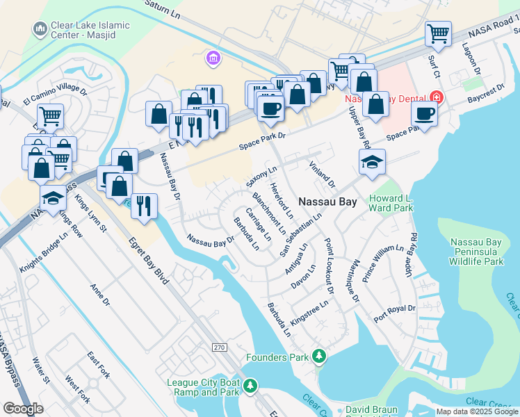 map of restaurants, bars, coffee shops, grocery stores, and more near 18223 Carriage Lane in Houston