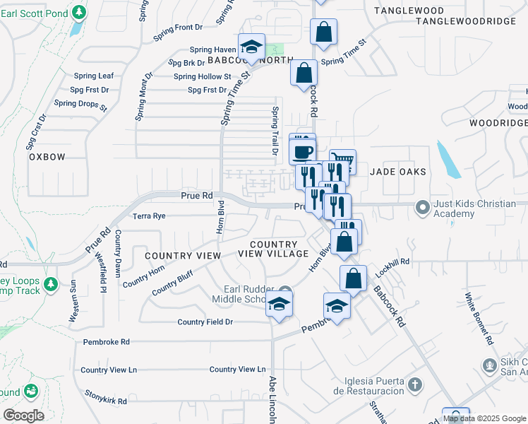 map of restaurants, bars, coffee shops, grocery stores, and more near 6650 Prue Road in San Antonio