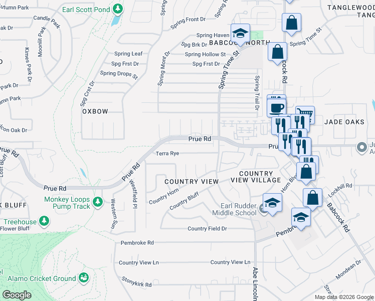 map of restaurants, bars, coffee shops, grocery stores, and more near 6822 Terra Rye in San Antonio