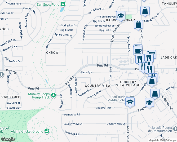 map of restaurants, bars, coffee shops, grocery stores, and more near 6914 Terra Rye in San Antonio
