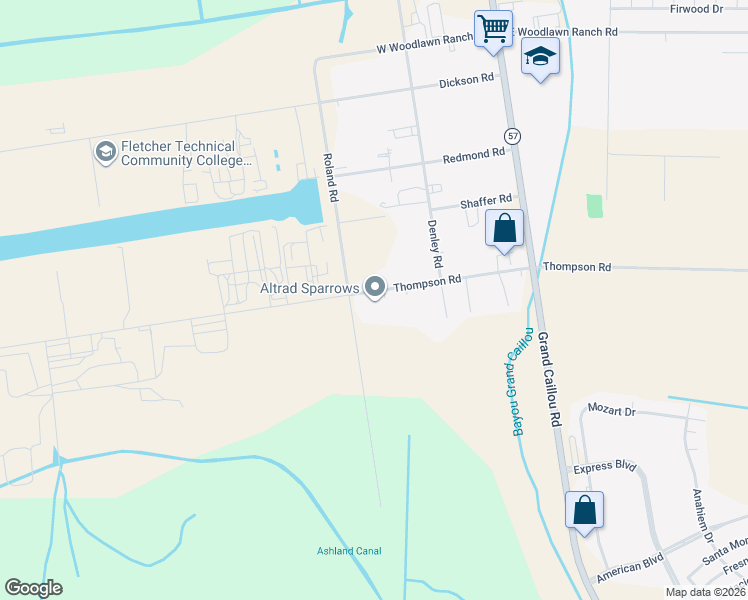 map of restaurants, bars, coffee shops, grocery stores, and more near 279 Thompson Road in Houma