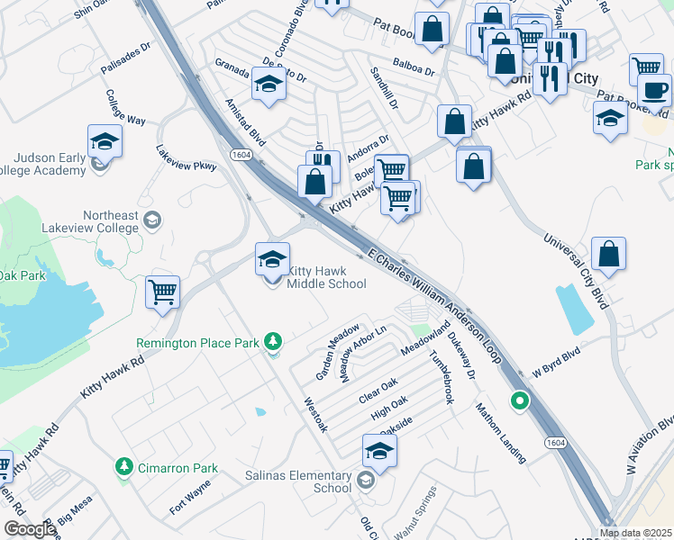 map of restaurants, bars, coffee shops, grocery stores, and more near 11801 East Loop 1604 North in Universal City