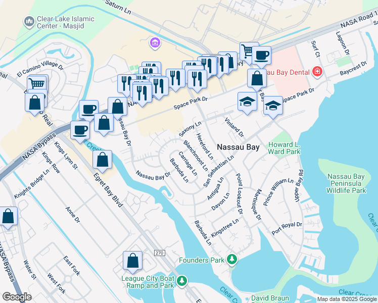 map of restaurants, bars, coffee shops, grocery stores, and more near 18223 Carriage Lane in Houston