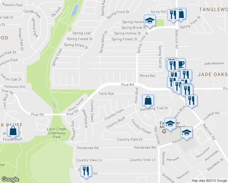 map of restaurants, bars, coffee shops, grocery stores, and more near 6829 Terra Rye in San Antonio