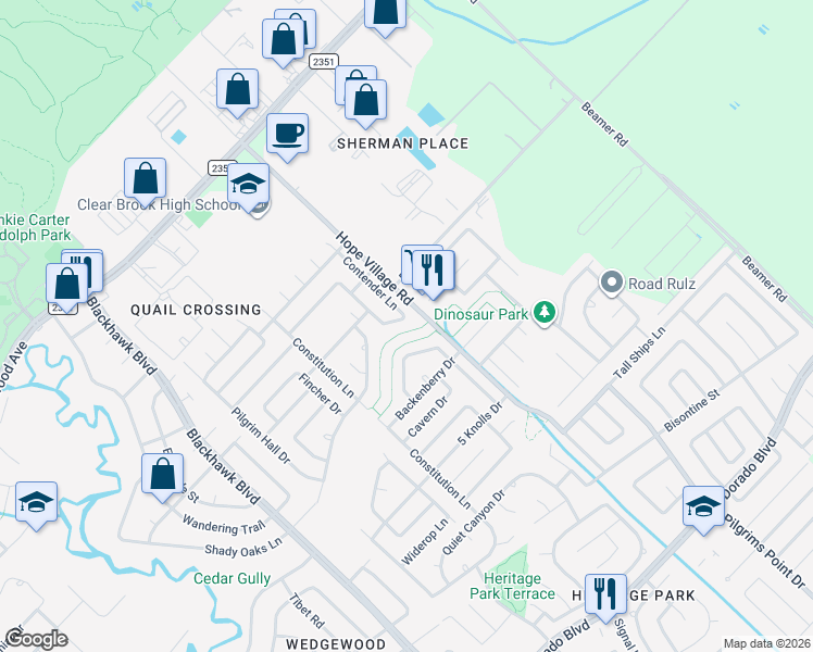 map of restaurants, bars, coffee shops, grocery stores, and more near 15838 Heritage Falls Drive in Friendswood