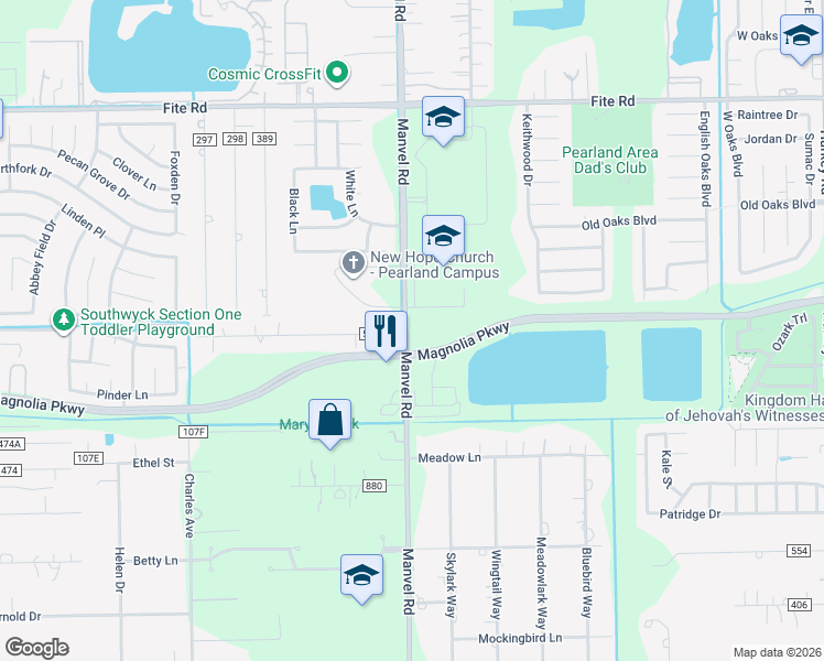 map of restaurants, bars, coffee shops, grocery stores, and more near 3425 Manvel Road in Pearland