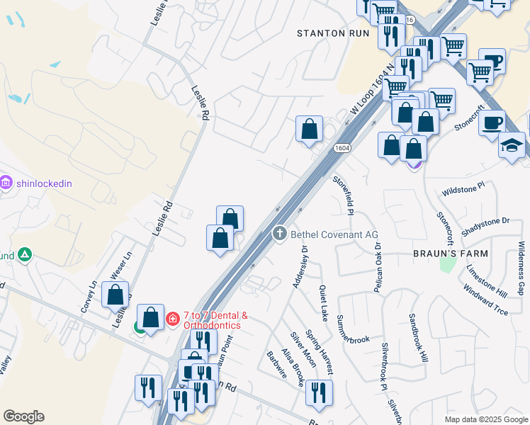 map of restaurants, bars, coffee shops, grocery stores, and more near 10835 West Loop 1604 North in San Antonio