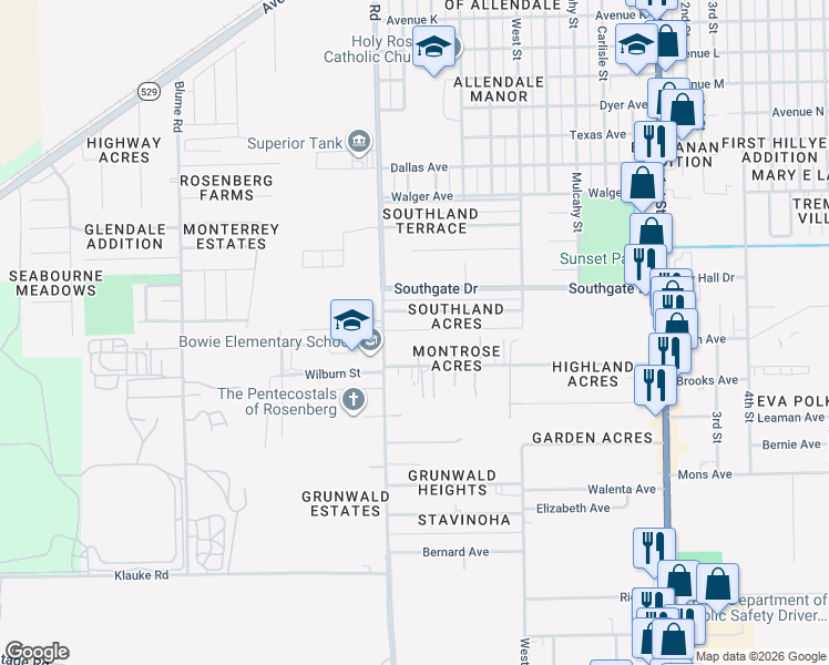 map of restaurants, bars, coffee shops, grocery stores, and more near 903 Brooks Avenue in Rosenberg