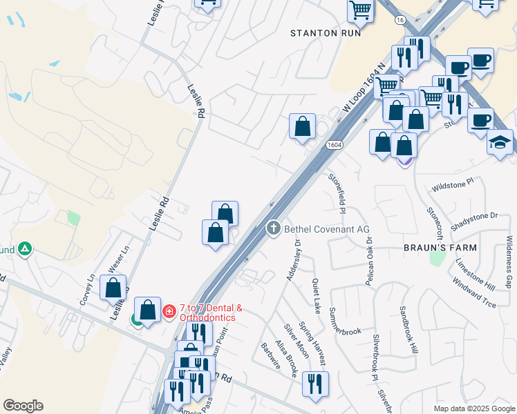 map of restaurants, bars, coffee shops, grocery stores, and more near 10865 West Loop 1604 North in San Antonio
