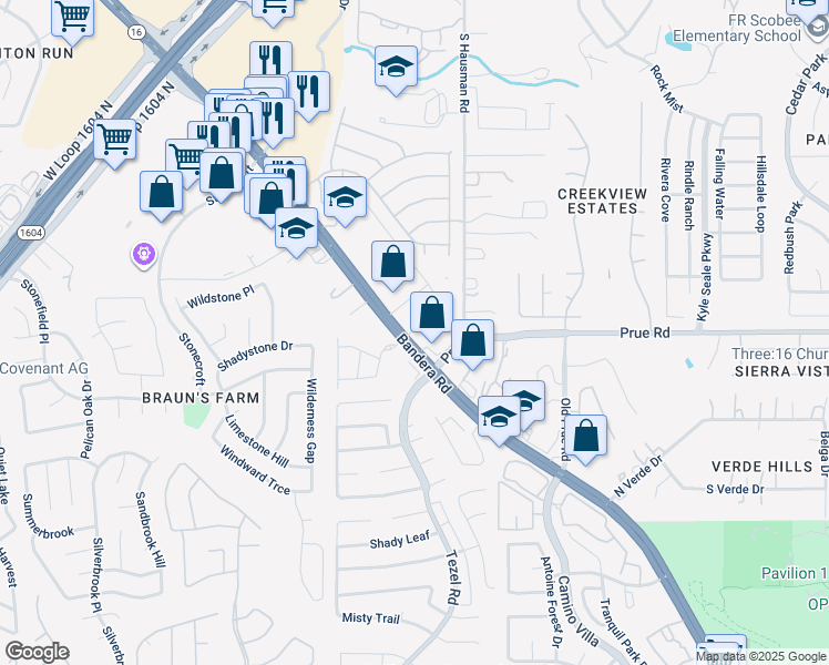 map of restaurants, bars, coffee shops, grocery stores, and more near 10820 Bandera Road in San Antonio