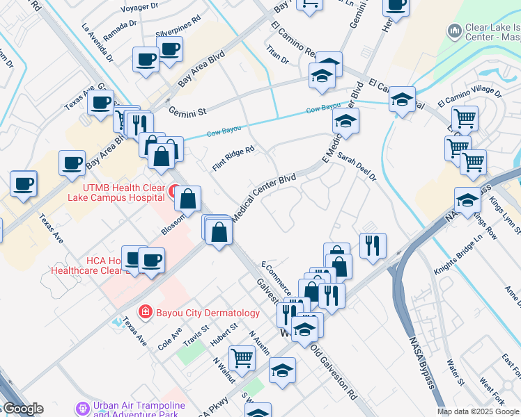 map of restaurants, bars, coffee shops, grocery stores, and more near 290 East Medical Center Boulevard in Webster