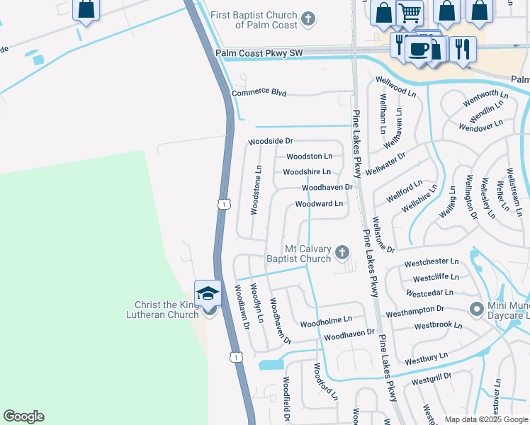 map of restaurants, bars, coffee shops, grocery stores, and more near 90 Woodhaven Drive in Palm Coast
