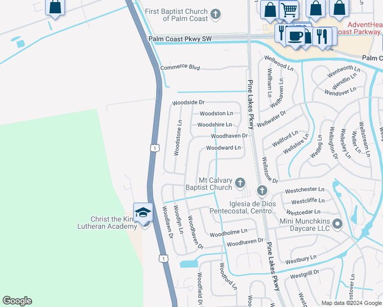 map of restaurants, bars, coffee shops, grocery stores, and more near 94 Wood Haven Drive in Palm Coast