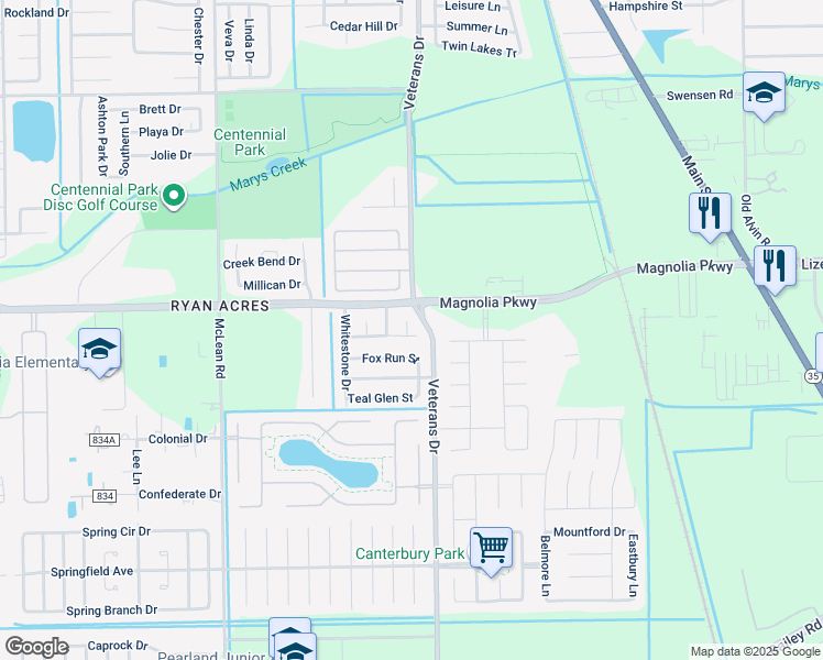 map of restaurants, bars, coffee shops, grocery stores, and more near 4505 Cornerstone Street in Pearland