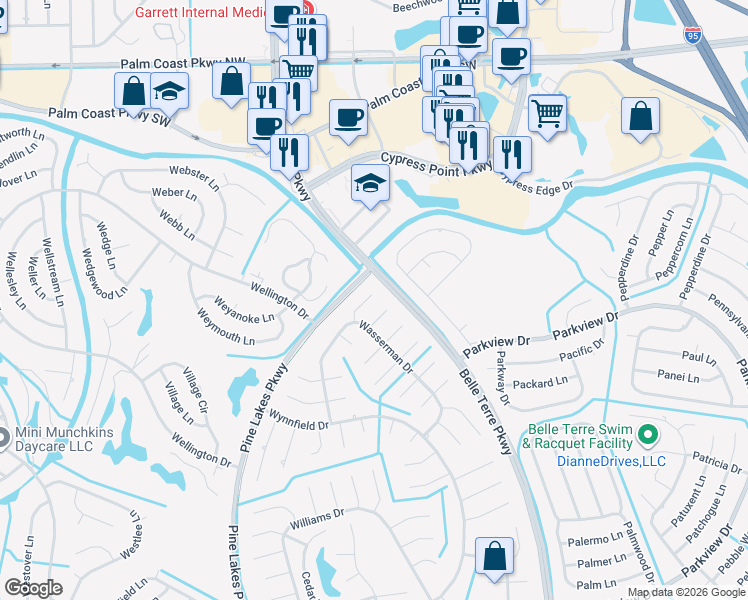map of restaurants, bars, coffee shops, grocery stores, and more near 5 Waywell Place in Palm Coast
