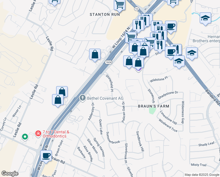 map of restaurants, bars, coffee shops, grocery stores, and more near 10619 Bluestone Creek in San Antonio