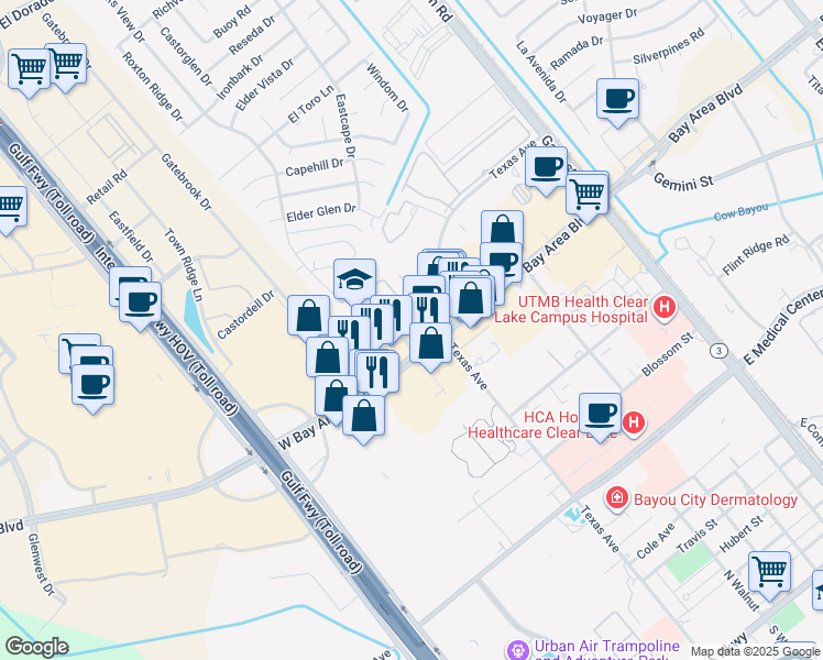map of restaurants, bars, coffee shops, grocery stores, and more near 720 West Bay Area Boulevard in Webster