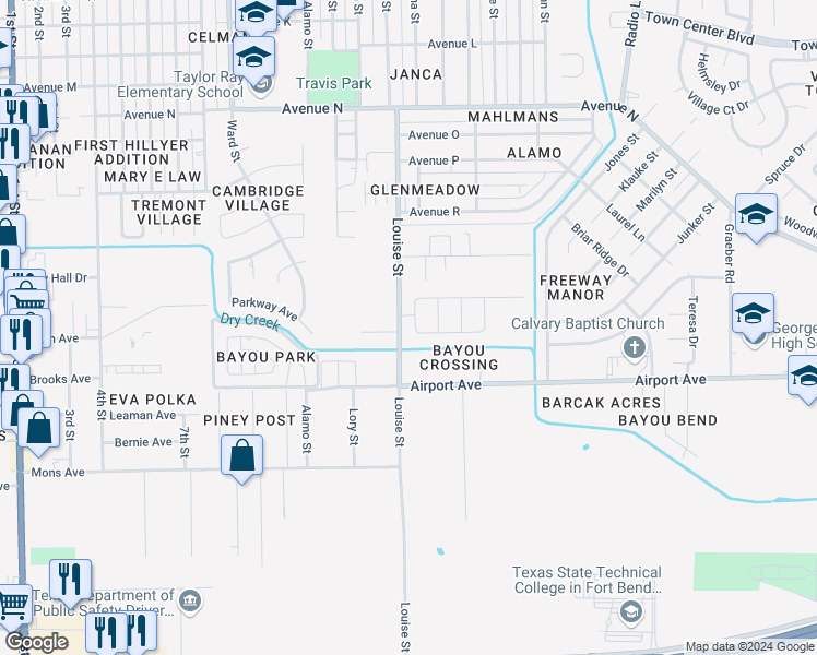 map of restaurants, bars, coffee shops, grocery stores, and more near 2214 Fallen Reed Road in Rosenberg