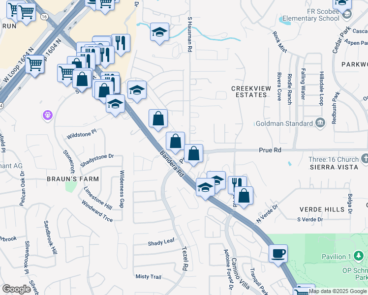 map of restaurants, bars, coffee shops, grocery stores, and more near 10899 South Hausman Road in San Antonio